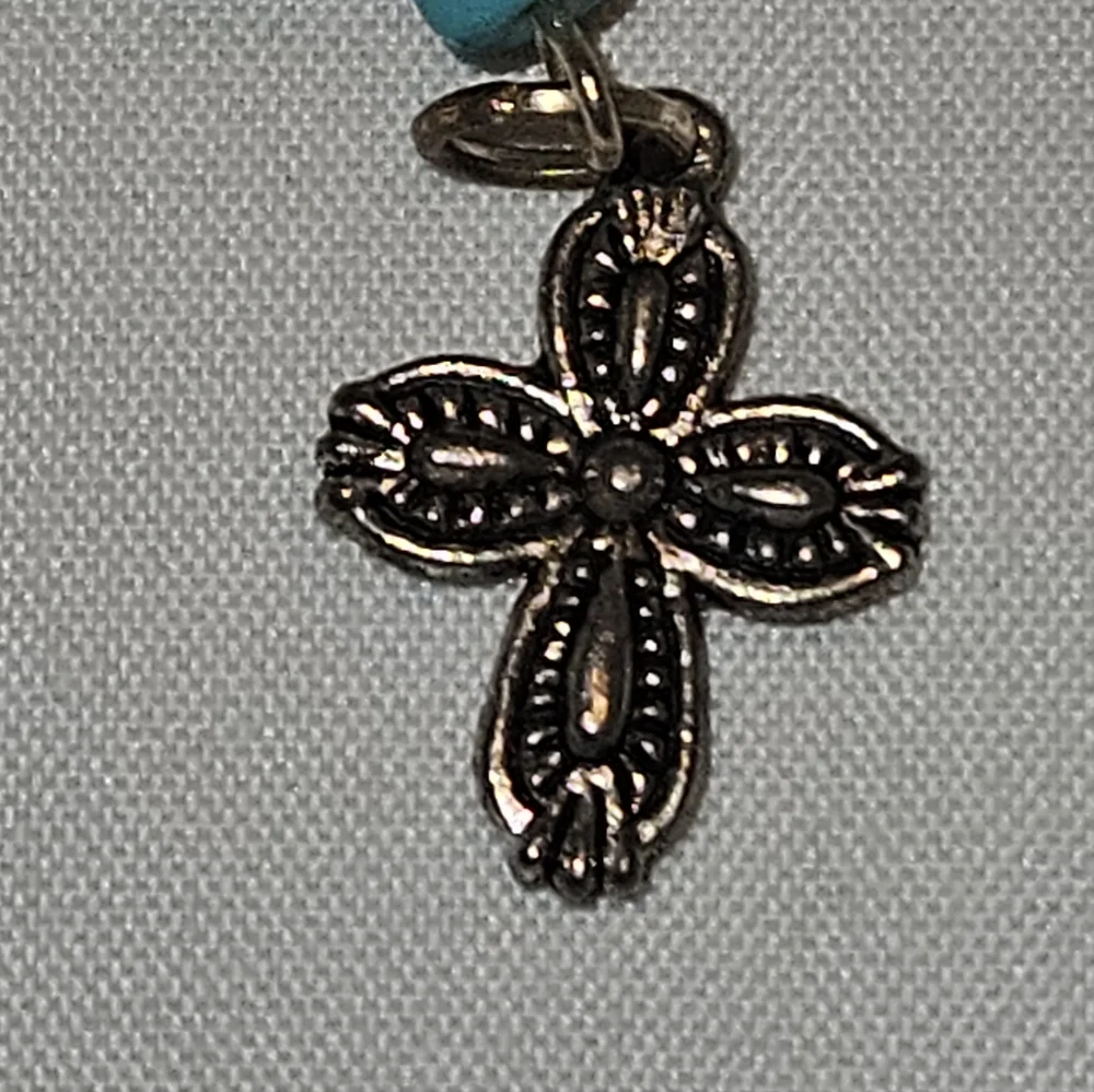 Elegant Turquoise Stone Silver-Toned Ornate Cross Keychain Keyring Handmade